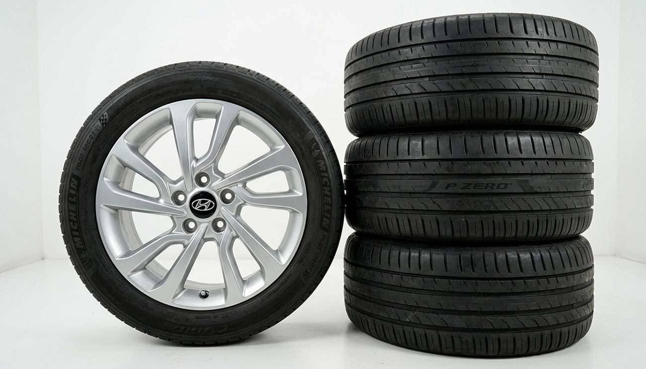 Close-up of a Hyundai Tucson wheel next to a stack of three aftermarket tires in a minimal studio setting
