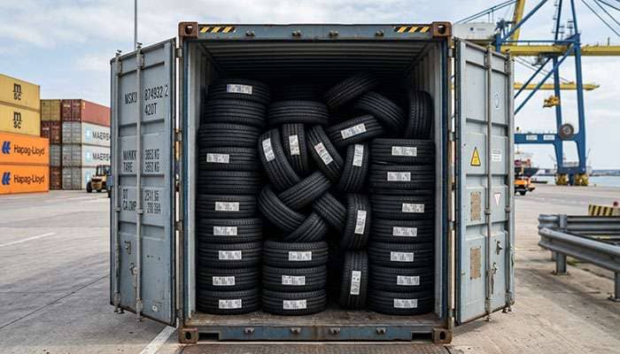 Stacks of new imported passenger tires loaded inside a shipping container at a port