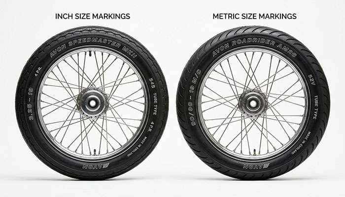 Side by side comparison of an inch marked vintage motorcycle tire next to its metric equivalent