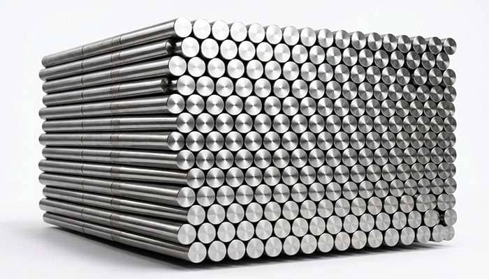 Stack of cylindrical metal rods, showing smooth cut ends, representing industrial raw materials for manufacturing.