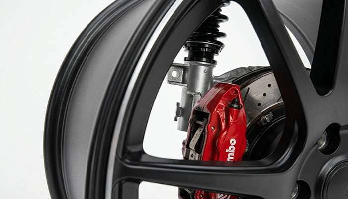 Inner wheel barrel positioned close to a vehicle strut and brake caliper showing tight inner clearance