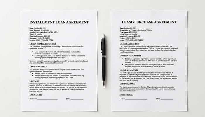 Installment loan agreement and lease-purchase agreement documents side by side on a desk