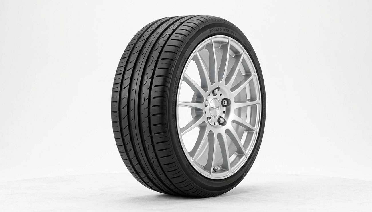 Close-up of a 205/50R17 tire mounted on a silver alloy wheel showing the short sidewall