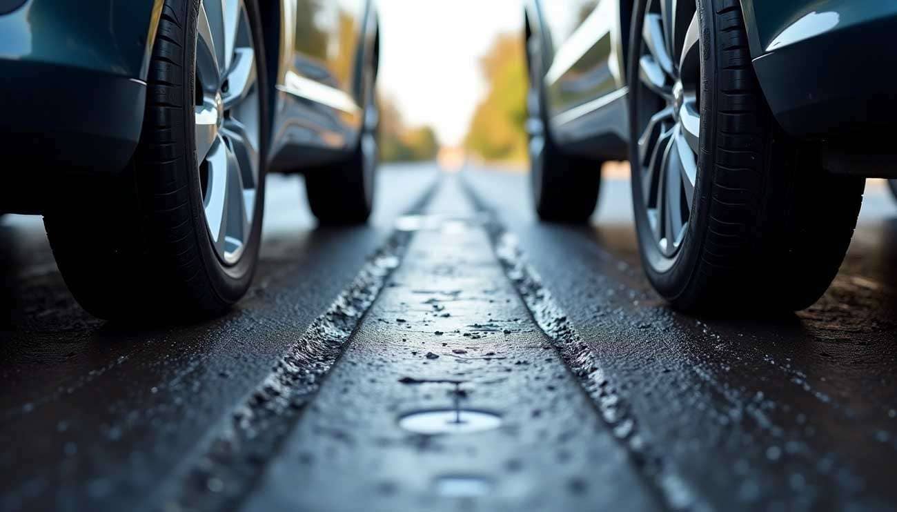 Close-up of two car tires on a road with visible tire tracks, illustrating tire performance testing
