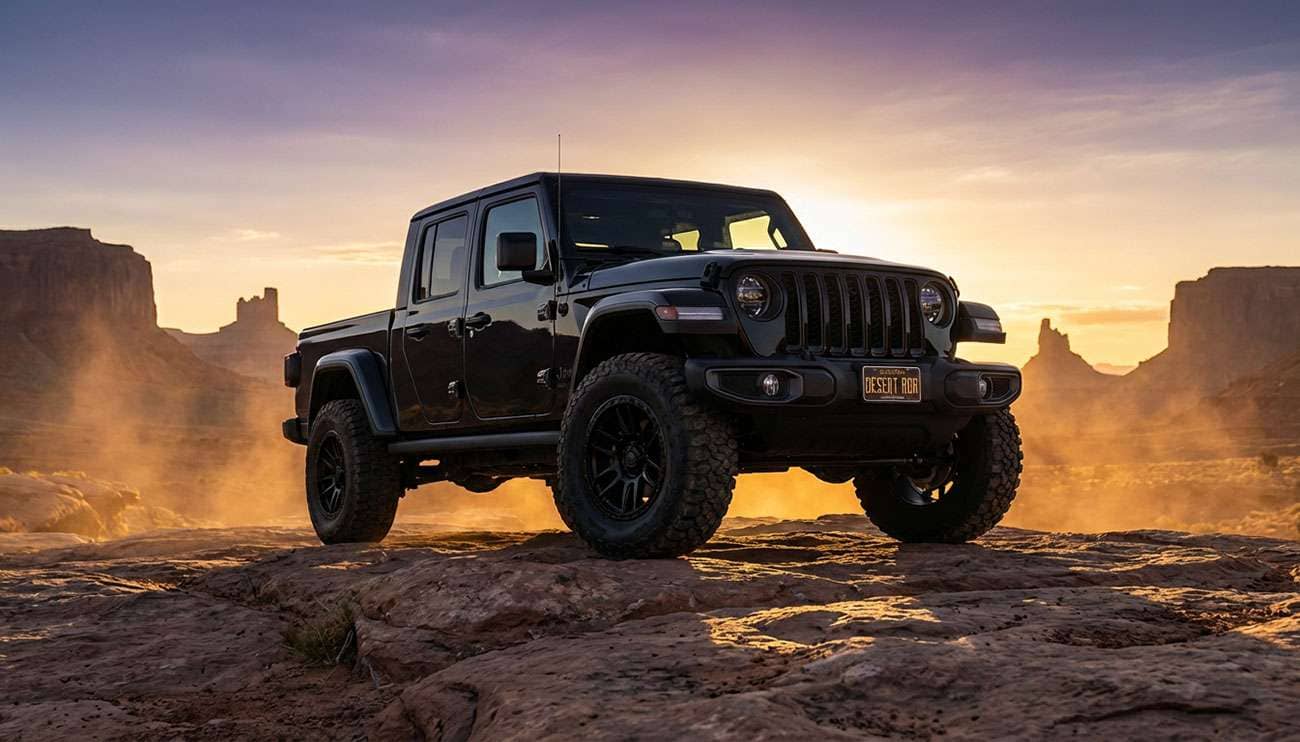 Black Jeep Gladiator with aftermarket wheels parked on rocky terrain at sunset in a desert landscape