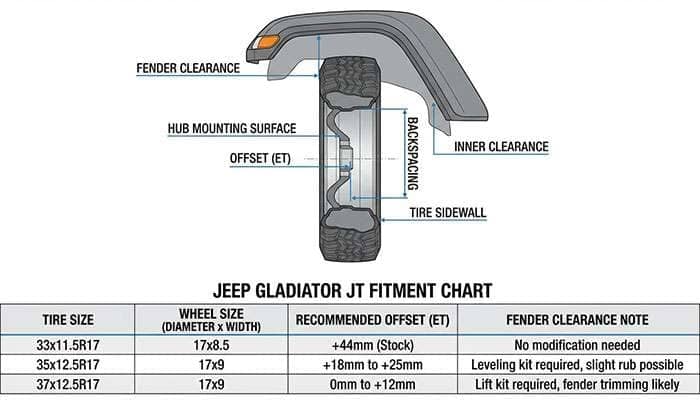 Wheel and tire chart showing offset and fender clearance for various Toyo Open Country A/T III tires on Jeep Gladiator (JT)