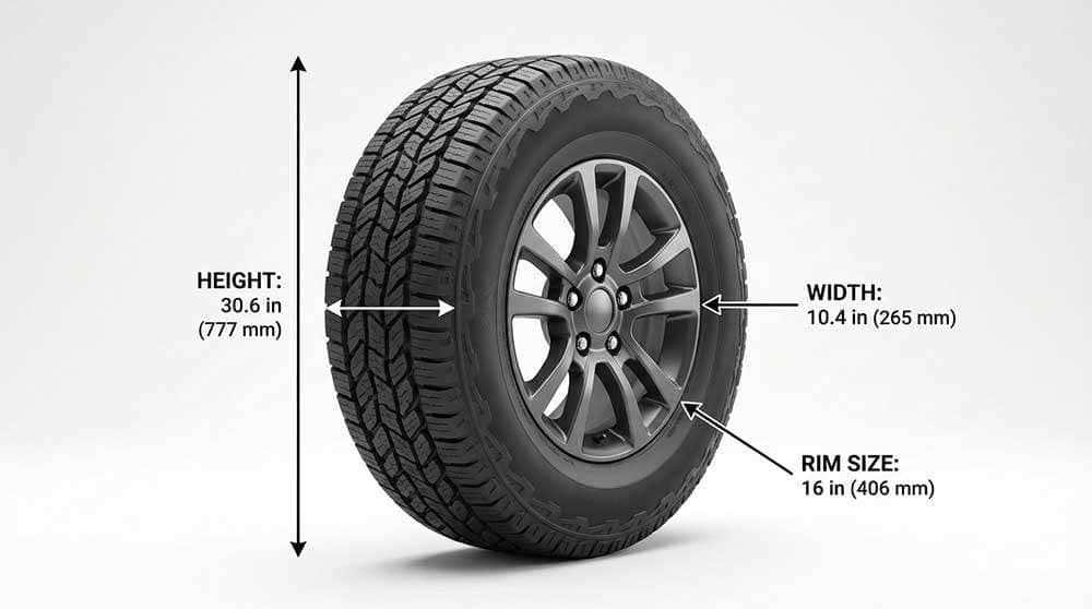 Jeep tire labeled with dimensions showing height, width, and rim measurements
