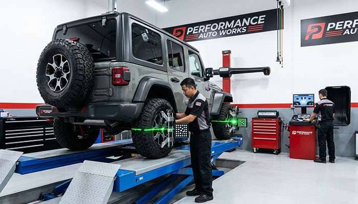 Professional tire installation service for Jeep Wrangler showing alignment and balancing equipment