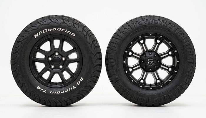 Side-by-side comparison of a 17-inch and 18-inch Jeep Wrangler aftermarket wheel showing sidewall height difference.