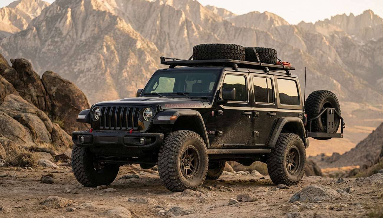 Black Jeep Wrangler with aftermarket tires on a rocky dirt trail surrounded by spare tires and mountains