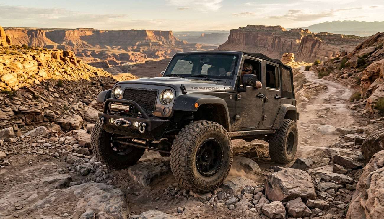 Jeep Wrangler with large aftermarket off-road wheels and mud-terrain tires on a rugged rocky trail.