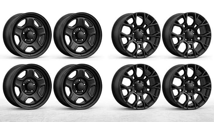 Two styles of black Jeep Wrangler wheels, one classic steel and one modern multi-spoke alloy set of four.