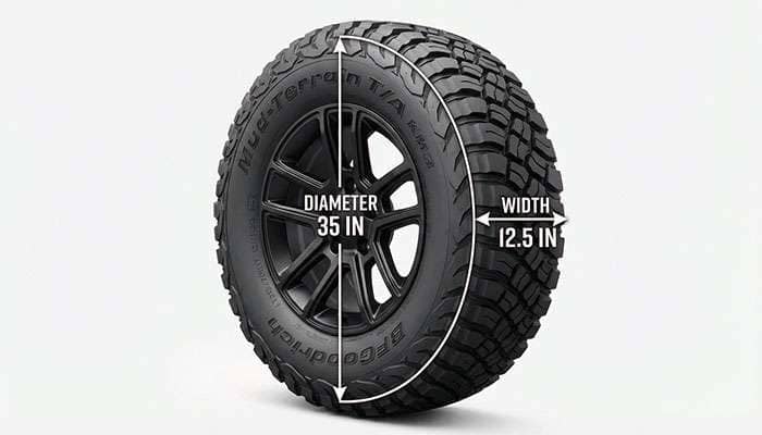 Close-up of a Jeep Wrangler tire with sizing measurements highlighted showing diameter and width