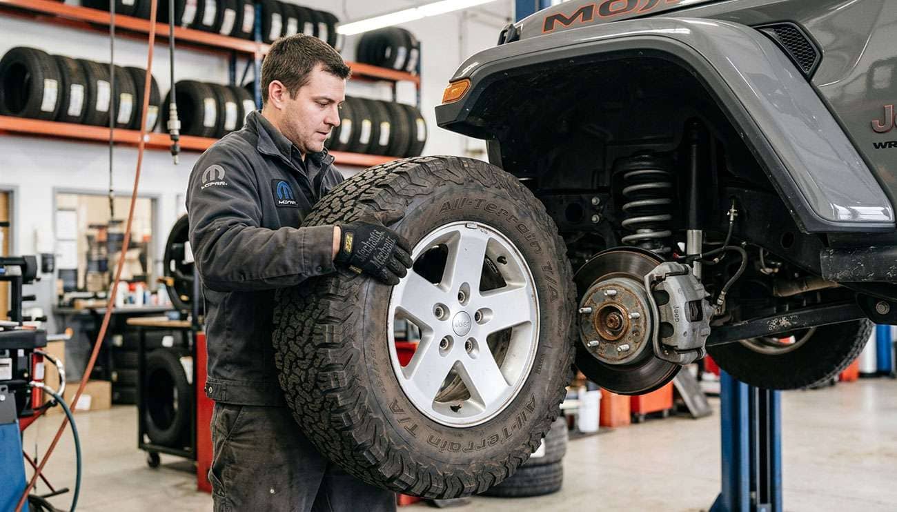 Factory Jeep Wrangler JK alloy wheel being test-fitted onto the five-stud front hub of a Wrangler JL in a tire shop