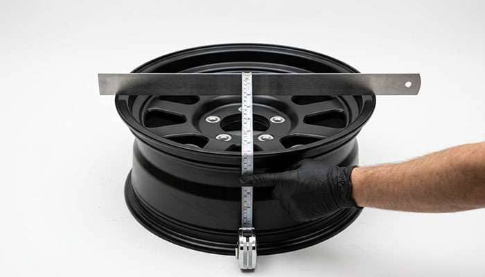 Measuring backspacing on an off-road wheel with a straightedge laid across the rim flanges