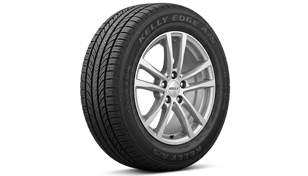 Kelly Edge all-season tire mounted on an alloy wheel against a clean studio backdrop