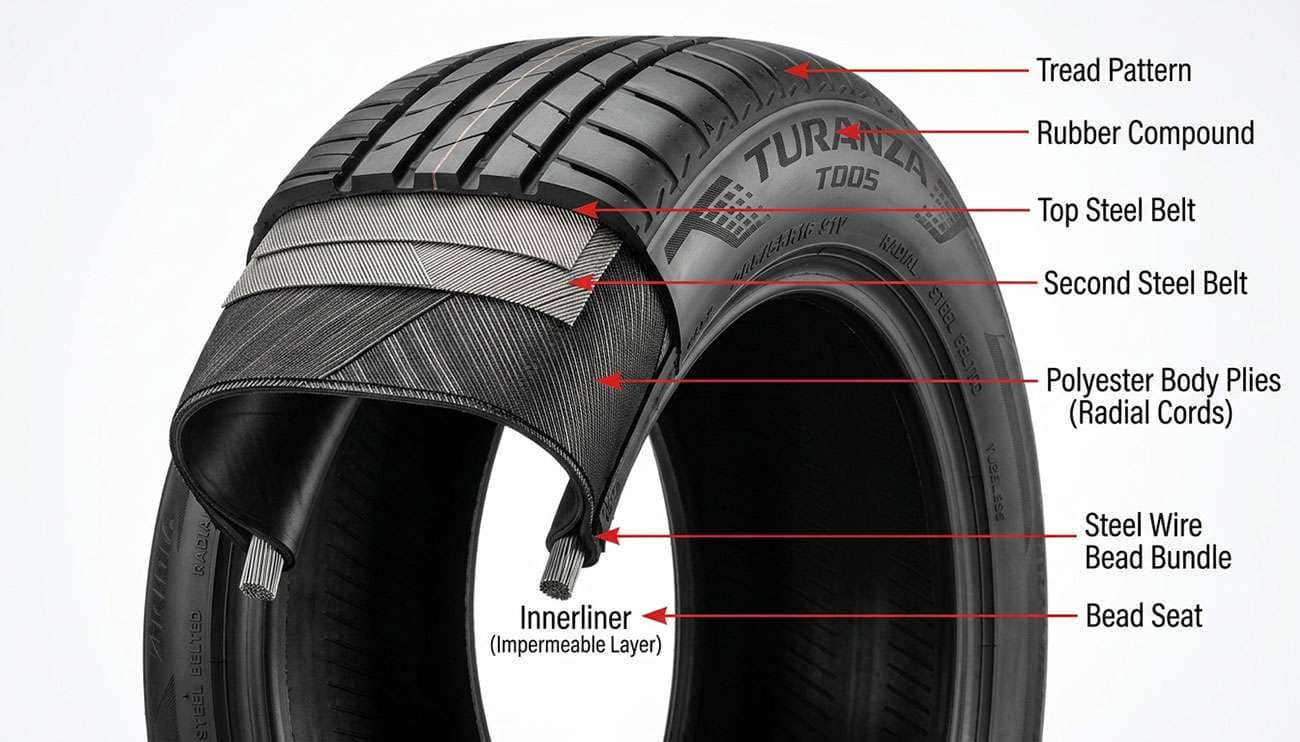 Cutaway of a radial tire showing the tread, steel belts, body ply, bead, and innerliner