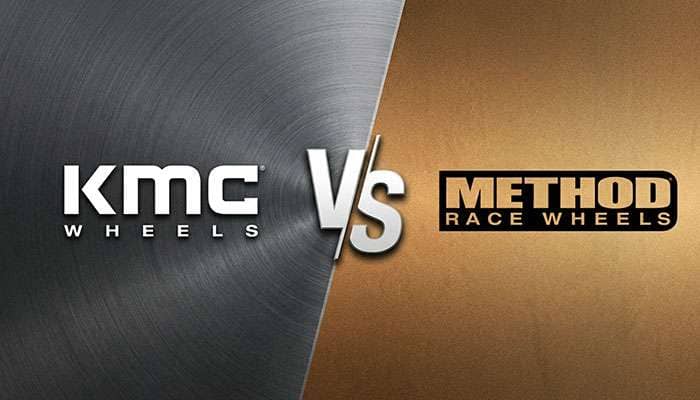 Comparison of KMC Wheels and Method Race Wheels with logos and a versus symbol in the center on a split background