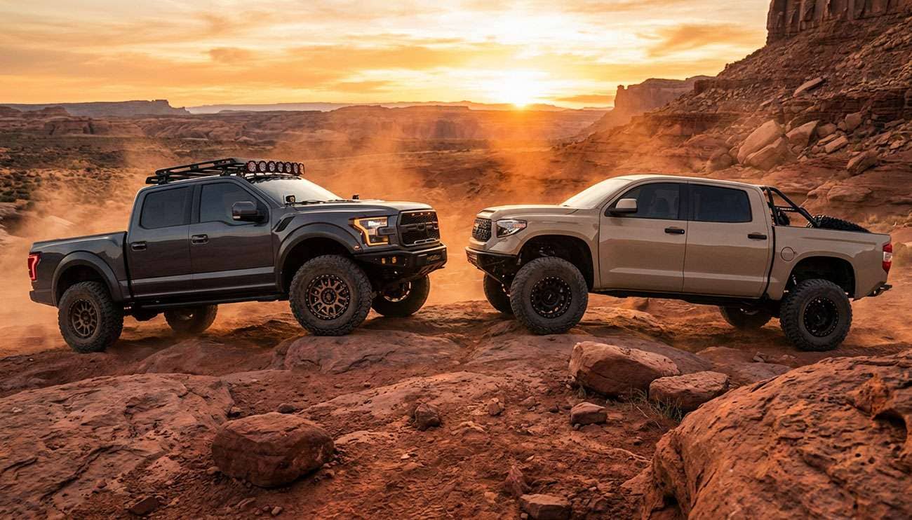 Two off-road trucks with KMC and Method wheels facing each other on a rocky desert trail at sunset