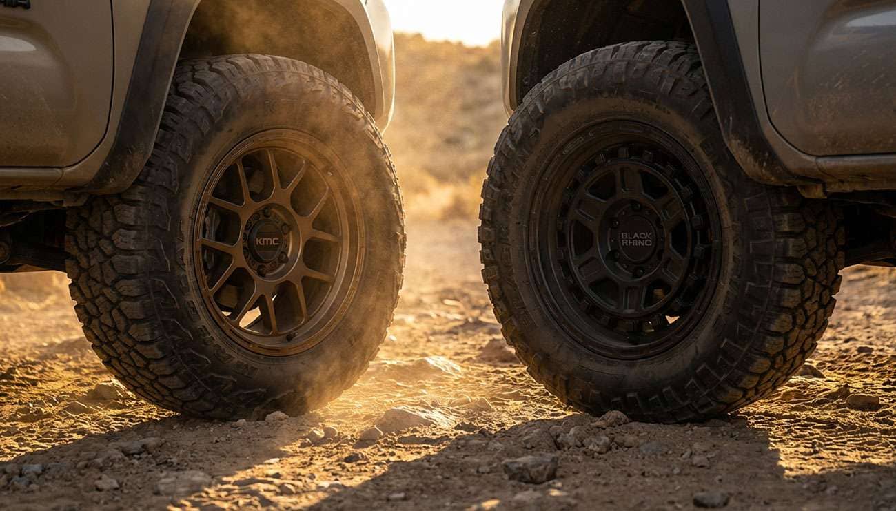 Close-up of two off-road truck tires facing each other on a rocky dirt trail at sunset