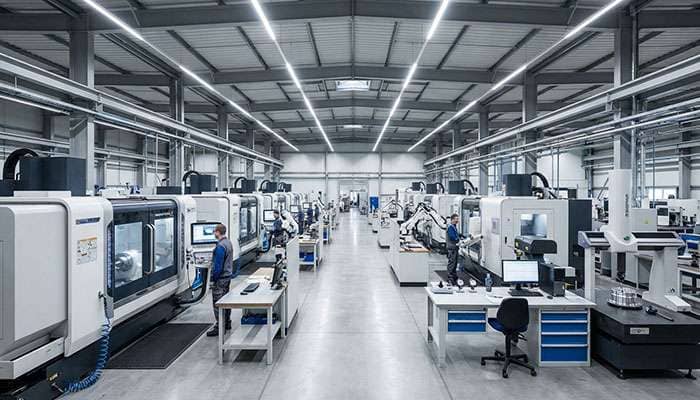 Workers assemble wheels in a bright, modern high-tech factory