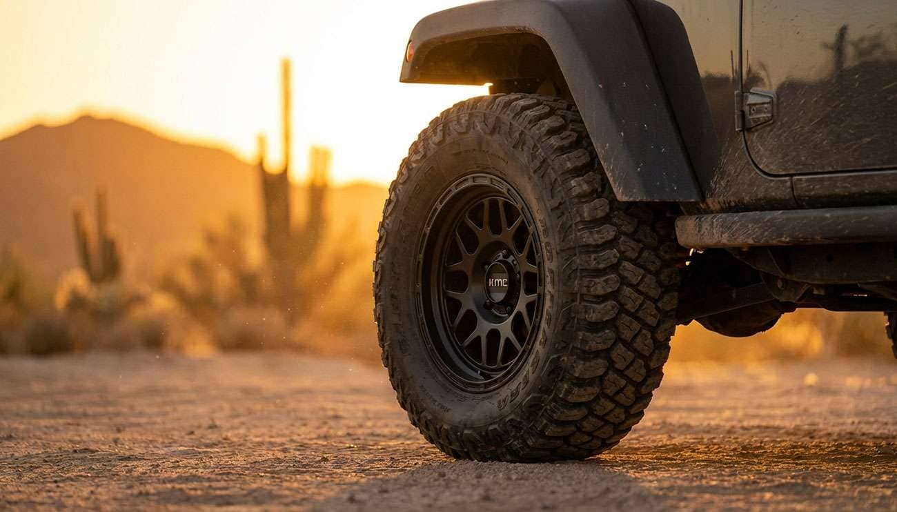 Close-up of a black KMC off-road wheel with rugged tire on a vehicle in a desert landscape at sunset
