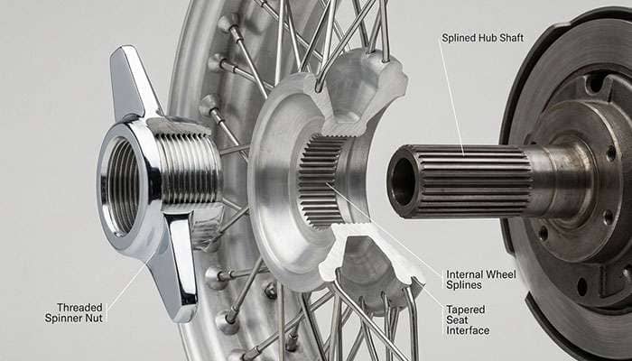Cutaway diagram of a knockoff wheel showing the splined hub, taper seat, and threaded spinner nut