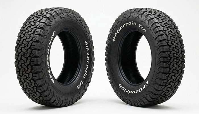 Close comparison of BFGoodrich KO3 and KO2 tread patterns showing the redesigned lug shapes and additional siping