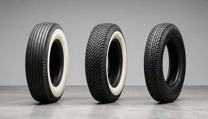 Lineup of Kontio WhitePaw and Autobahn bias look radial tires showing whitewall and blackwall options