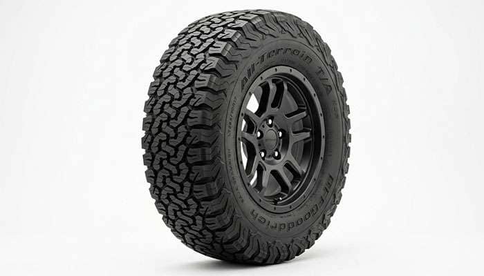 All-terrain tire tread pattern with rugged shoulder blocks for truck and SUV use