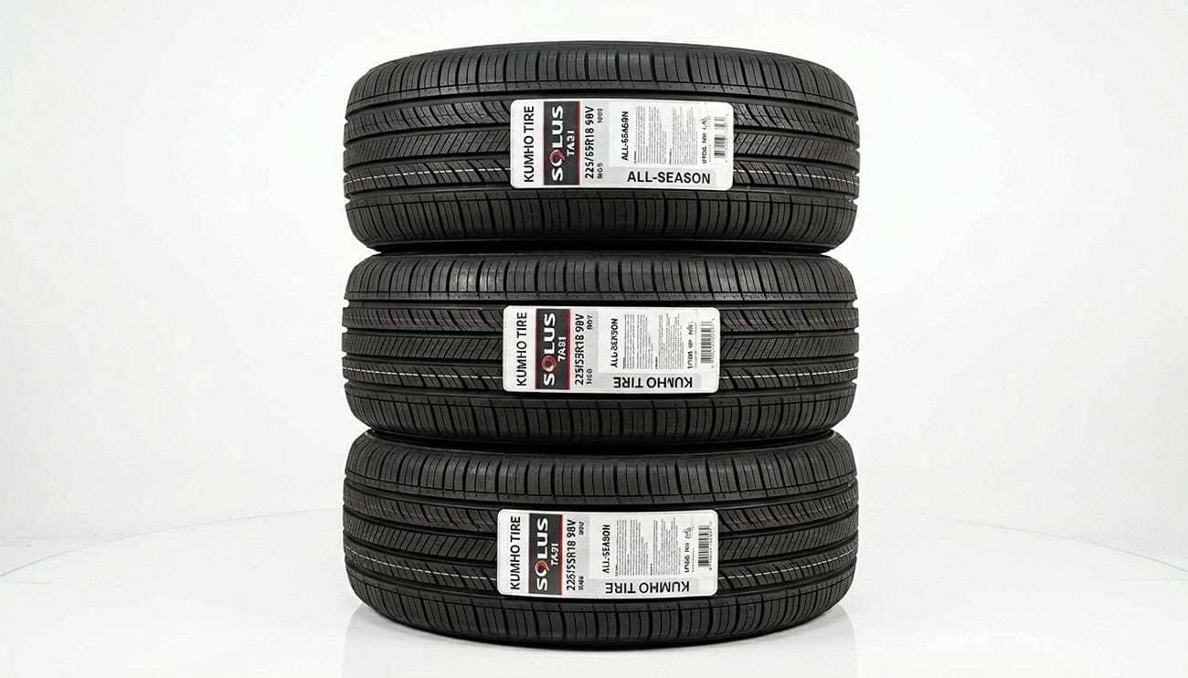 Set of Kumho tires displayed on a clean white studio backdrop