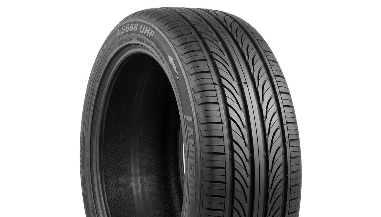 Landsail LS588 UHP ultra-high-performance tire with raised Landsail sidewall lettering on a clean white studio background