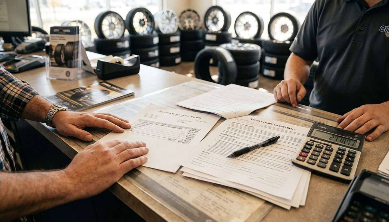 Shop counter with a wheel and tire quote, a calculator, and a lease agreement being reviewed