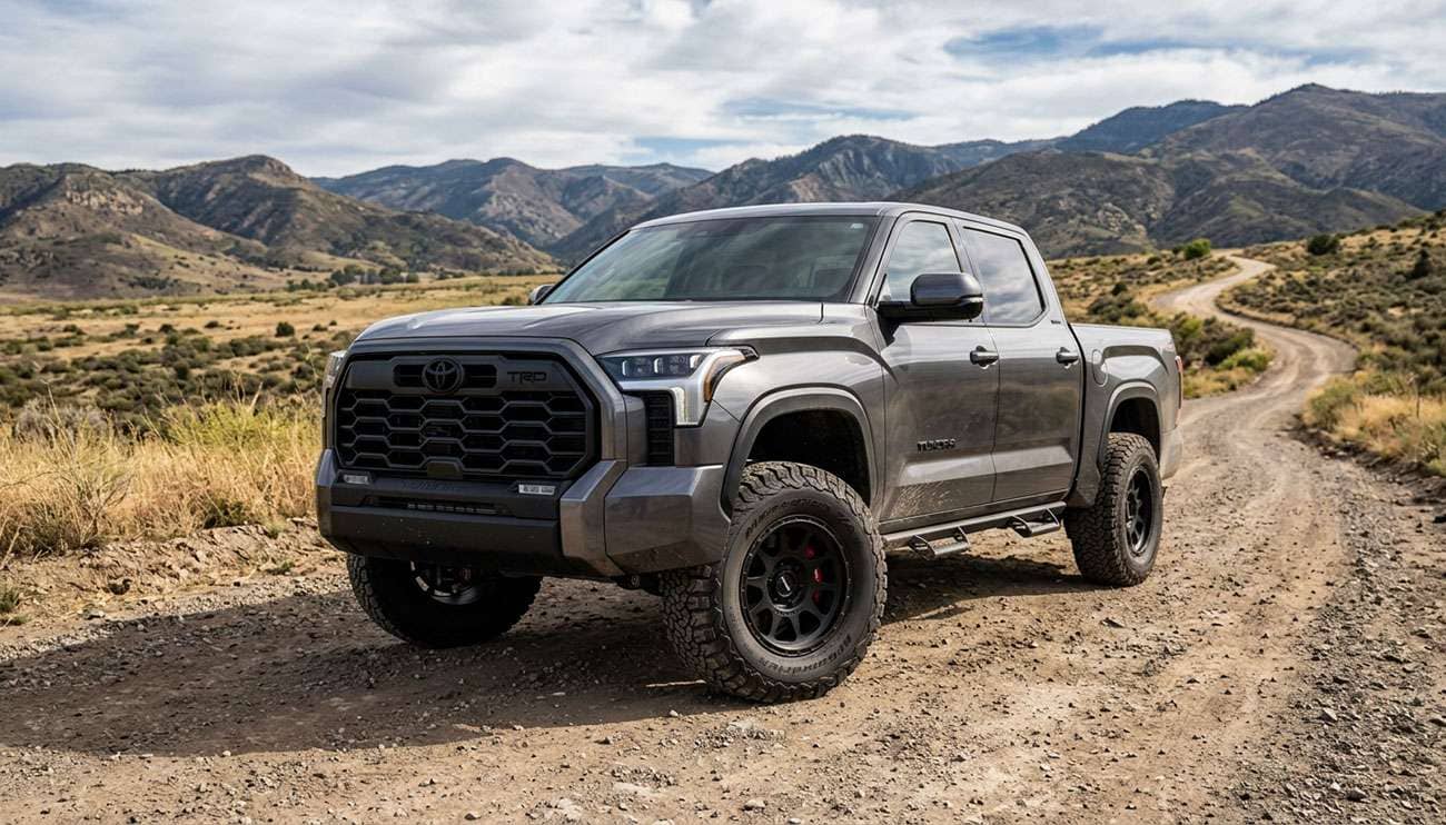 Leveled Toyota Tundra pickup on 35-inch all-terrain tires parked on a dirt road