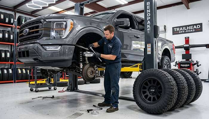 Technician installing a front leveling kit on a pickup truck on a shop lift with new 35-inch tires and wheels waiting nearby