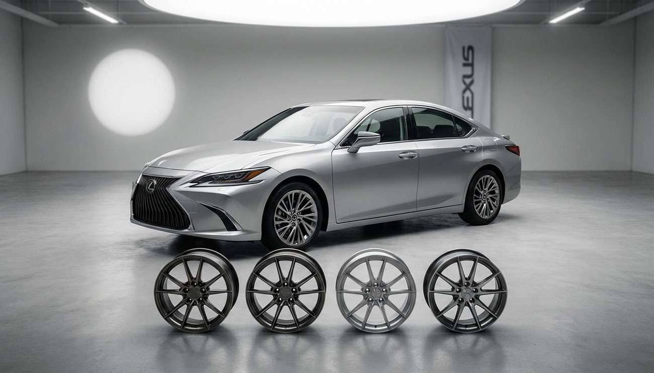 A silver Lexus sedan in a garage with four different aftermarket wheels displayed in front for fitment comparison