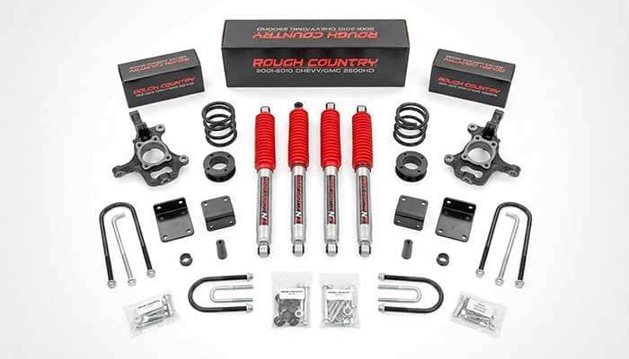 Complete Rough Country 6-inch lift kit for Chevy/GMC 2500HD 2001-2010, including shocks, brackets, and hardware