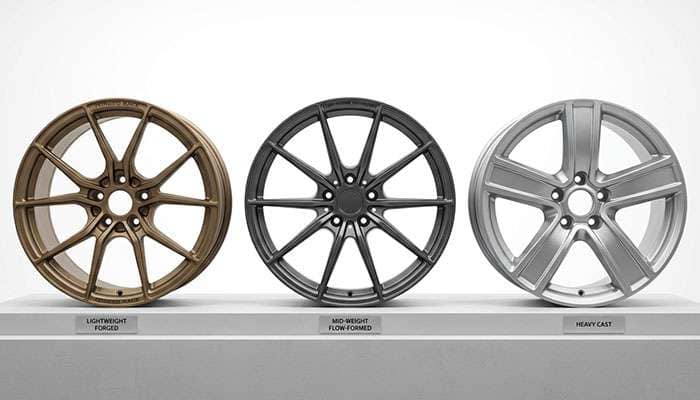 Three different car wheels displayed with text Lightweight Wheels and Performance and thinking face emojis above