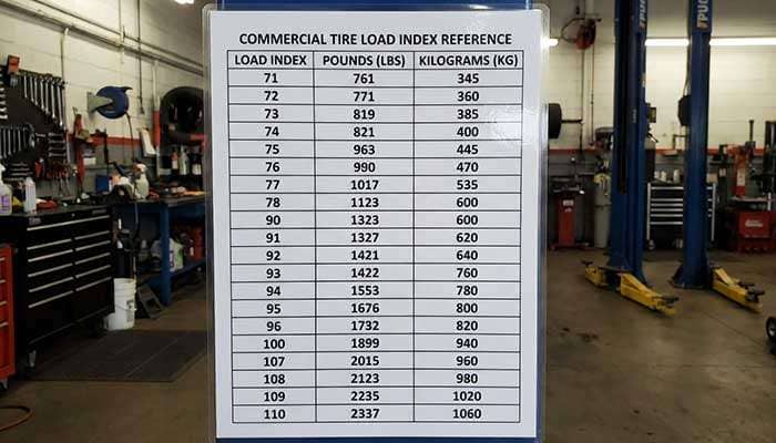 Load Index Chart showing tire load capacities in pounds and kilograms for indices 71 to 110 from Priority Tire
