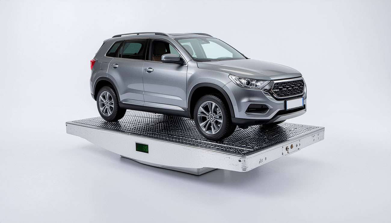SUV on a vehicle scale with four highlighted tires and subtle front/rear weight distribution arrows—tire load index calculator hero