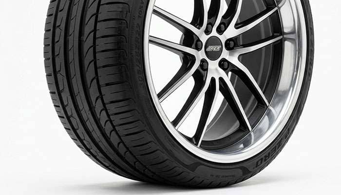 Low-profile tire mounted on a 22 inch wheel showing the short sidewall against the rim lip