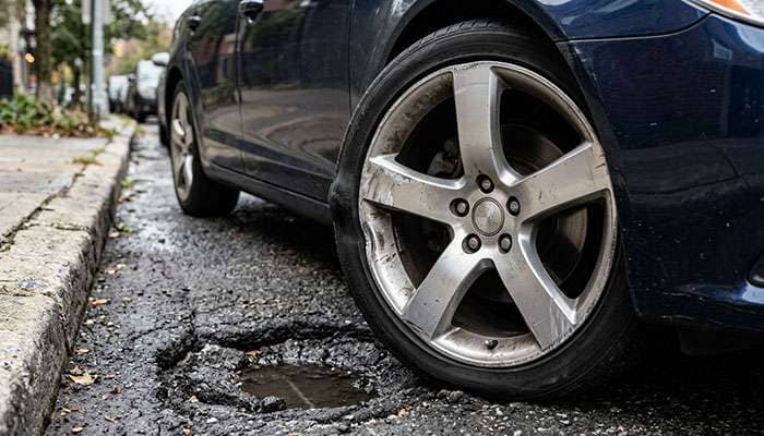 Low-profile tire on a 20-inch alloy wheel with a bent rim lip after a pothole impact