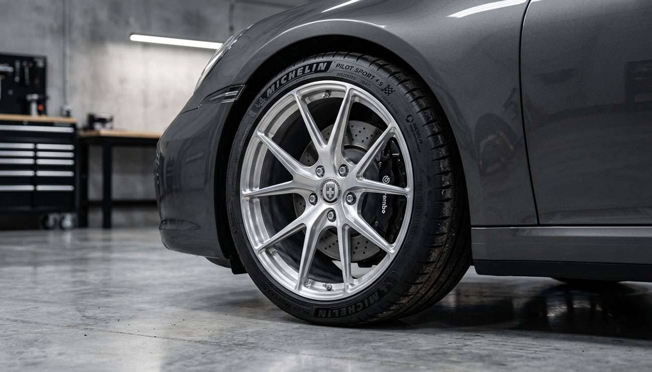 Low profile tires mounted on sporty alloy wheels showing short sidewall and wide tread contact patch