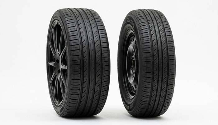 Low-profile 19-inch performance tire beside a tall-sidewall 15-inch economy tire on a white backdrop