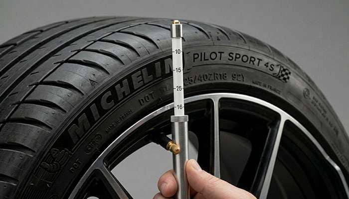 Tire pressure gauge showing underinflation reading on a parked car tire after extended storage