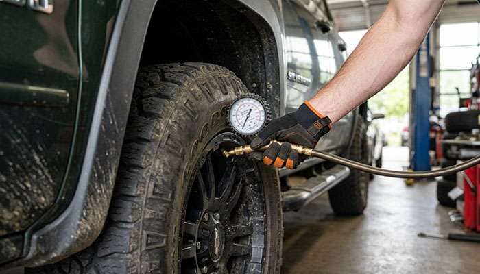 Tire technician checking the cold inflation pressure of a light truck all-terrain tire on a half-ton pickup with a dial gauge