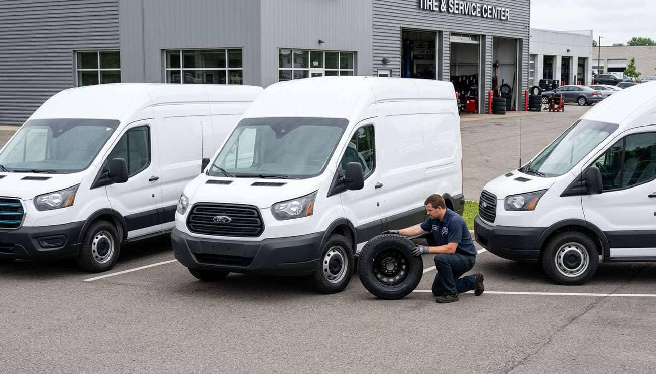 Three full-size cargo vans parked side by side in a tire shop lot with a technician reading the sidewall of a commercial van tire