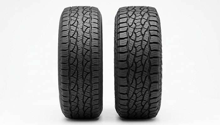 Side-by-side sidewalls of a passenger all-terrain tire and an LT Load Range E all-terrain tire