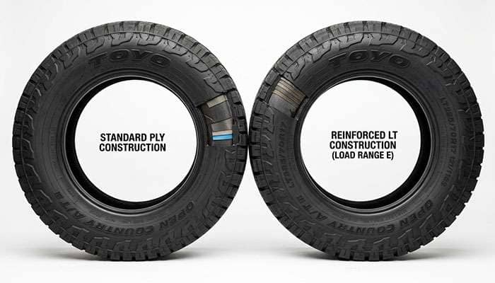 Toyo Open Country A/T III sidewall comparison showing LT and Standard Load construction markings
