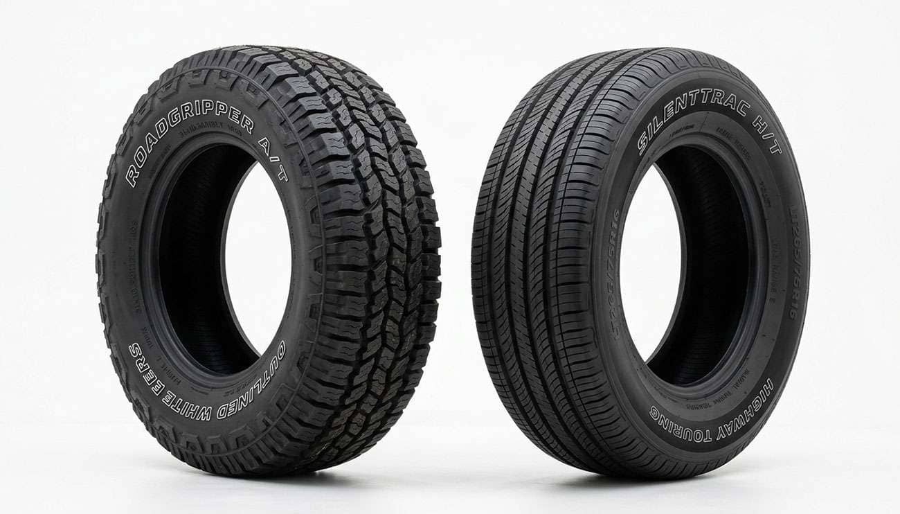 Light truck all-terrain tire in size LT245/75R17 next to a P-metric tire of the same size on a clean white seamless backdrop